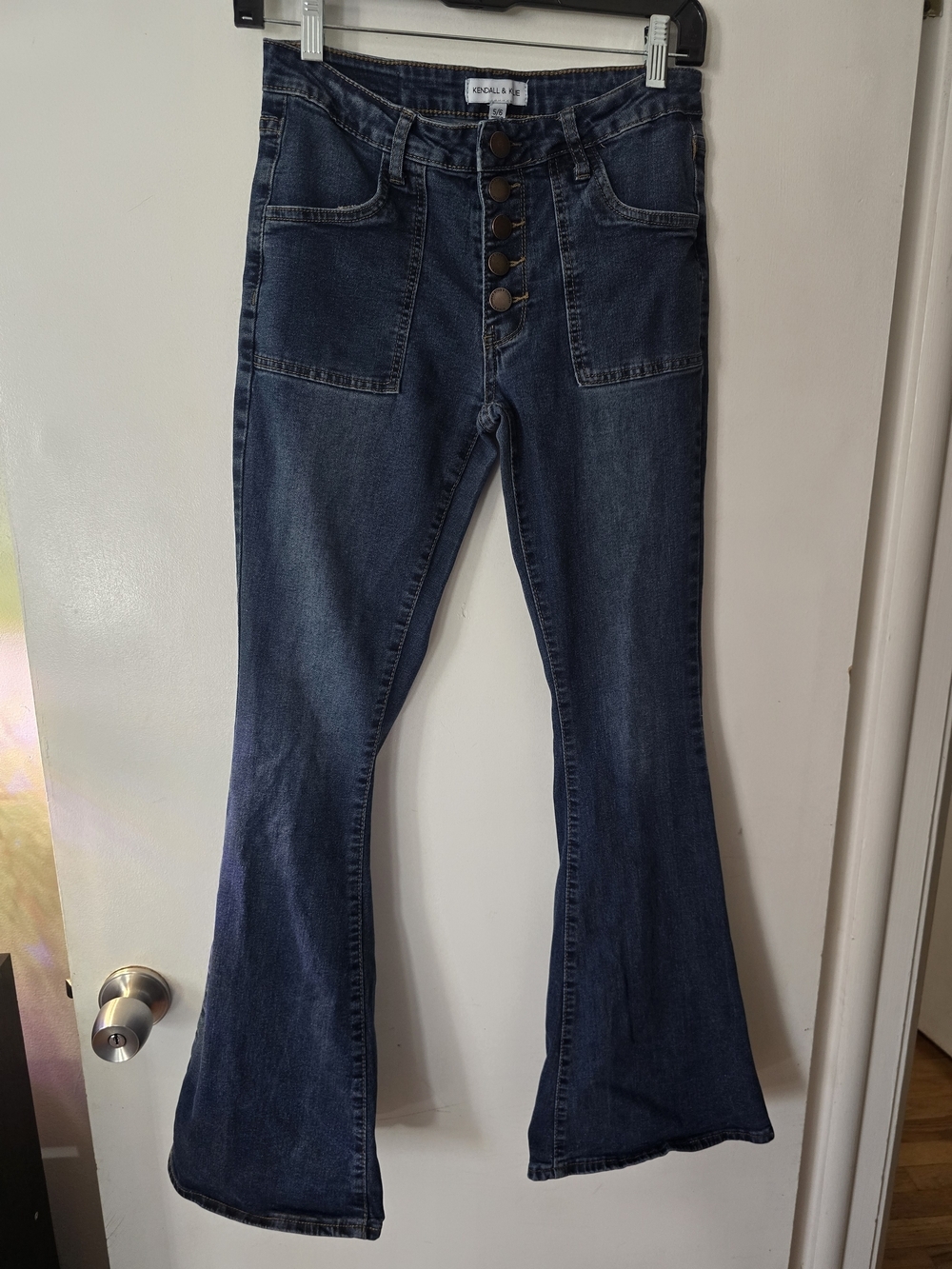 Kendall & Kylie Button Front Flare Jeans Womens Dark Wash High Rise